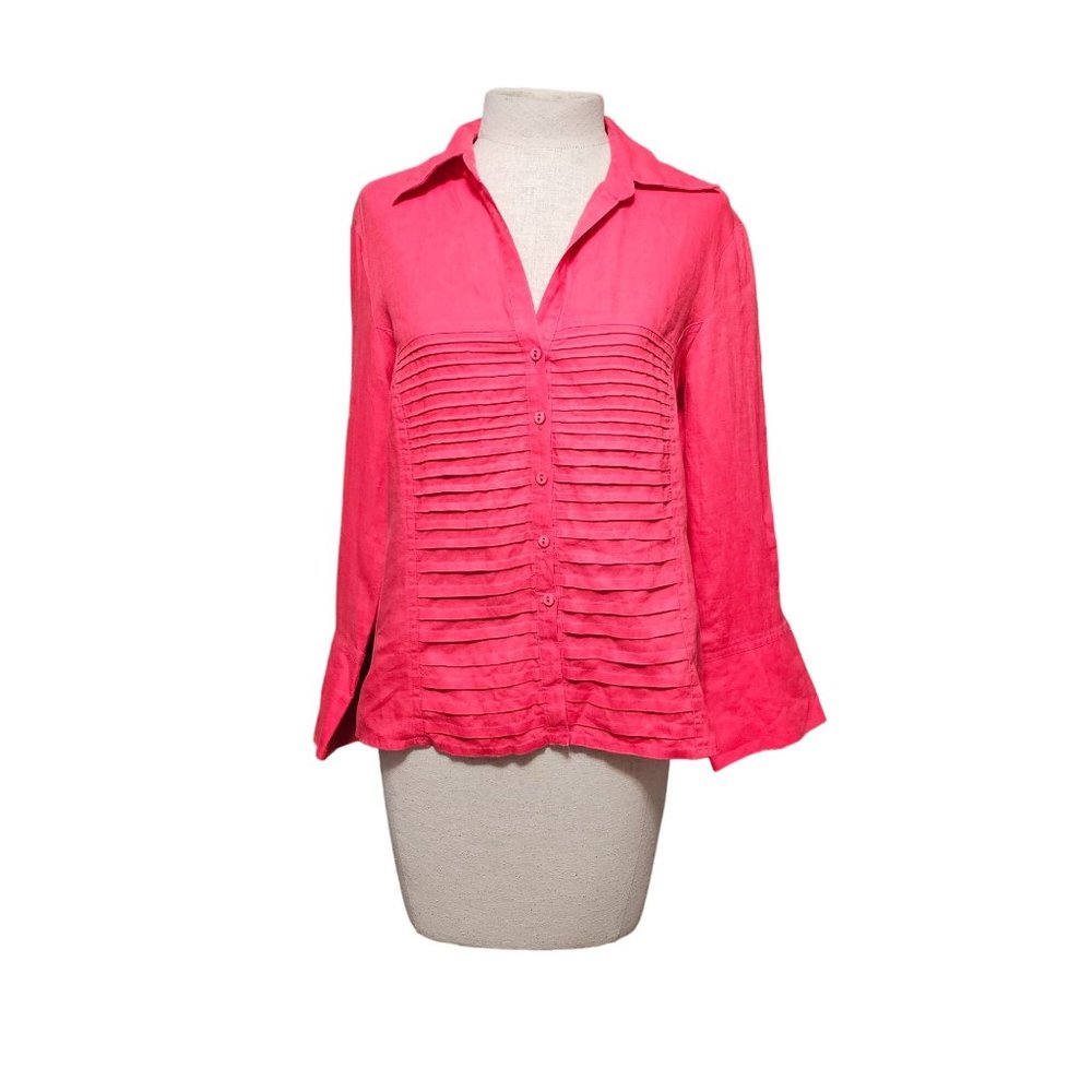 Tracy M. Linen Button Down blouse‎ size Large coral pink pleated breast